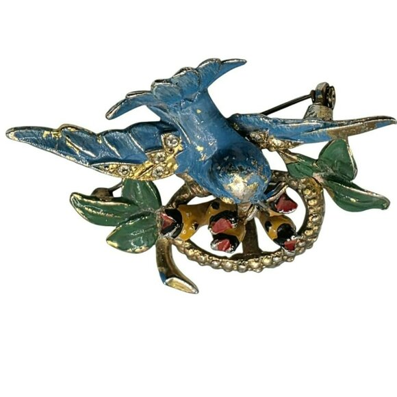 Vintage Fred Gray Blue Bird Brooch Nest Baby Birds Rhinestone Gold-Tone Pin USA - Picture 6 of 14